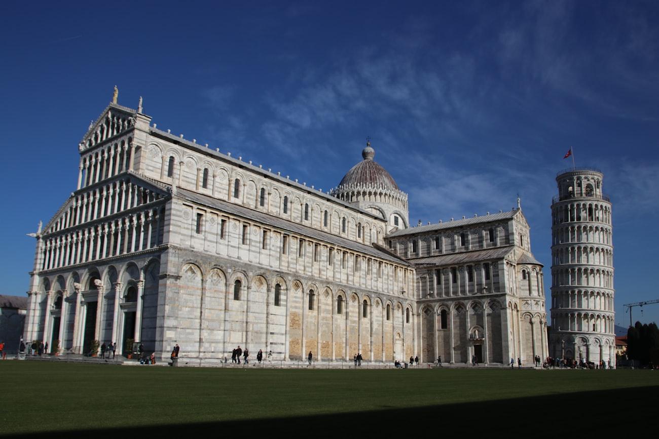 The cathedral and leaning bell tower of Pisa on their lawn